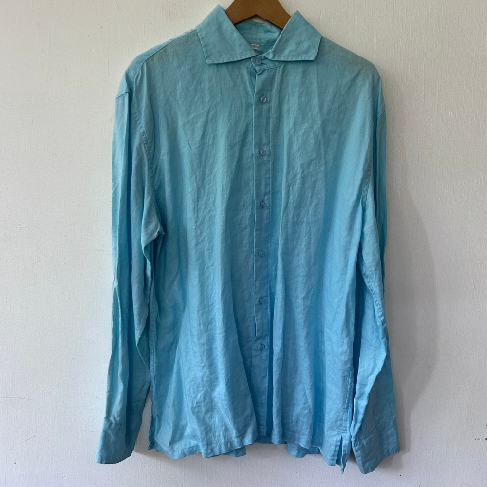 Island Importer 100% Linen Long Sleeve Button Down Shirt Turquoise Mens Large